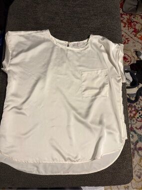 LOFT Ivory Satin Short-Sleeve Pocket Blouse
